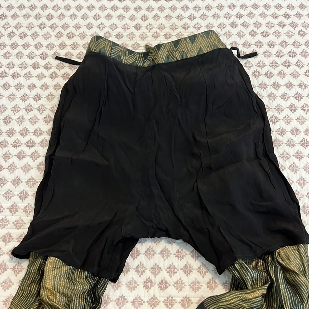 Anthro Silk Harem Pants Gold Black Knot Front Euro Statement XS
